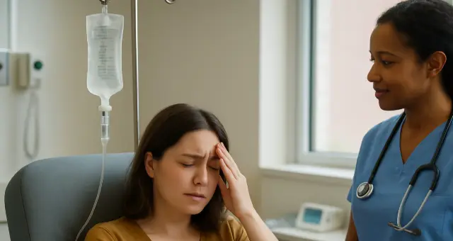 Nurse talking with a woman who has a headache